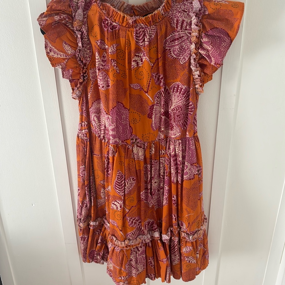 House of Harlow 1960 Orange Floral Bird Boho Tiered Mini Cotton Ruffle Dress.